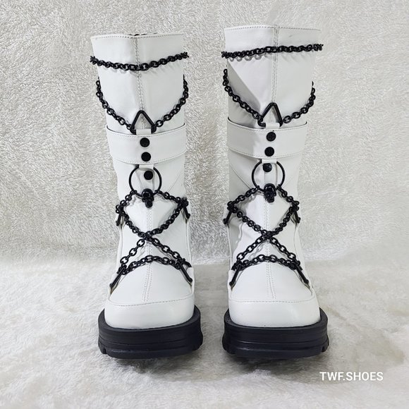 Bratty White Vegan Leather Block Heel Biker Style Goth  Punk Boots - Picture 8 of 10